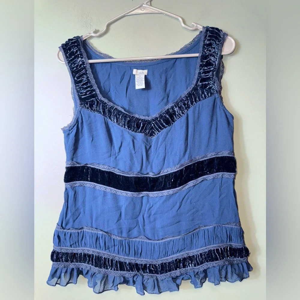 ANY OFFER! Odille Blue Layered Velvet Trim Sleeveless Top